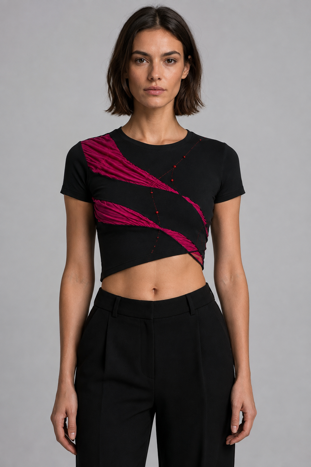 Asymmetric Shirred-Panel Crop Top