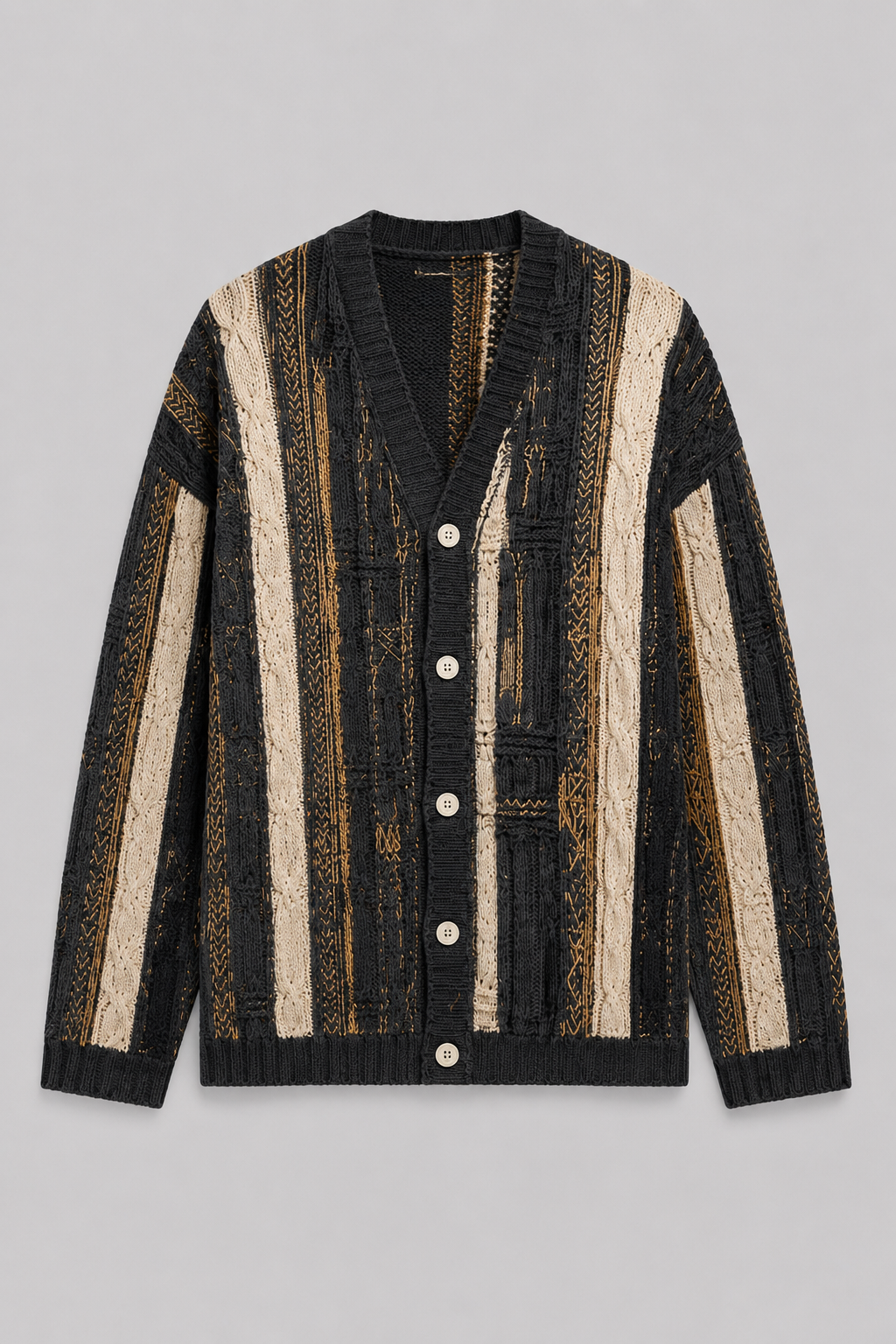 Textured Cable-Knit Striped Cardigan