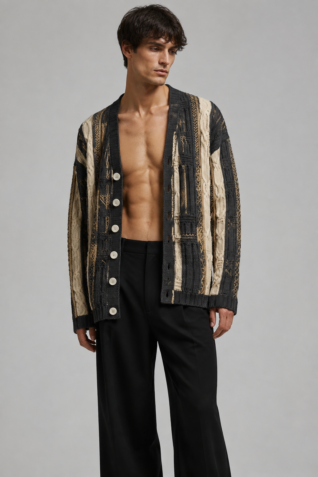 Textured Cable-Knit Striped Cardigan