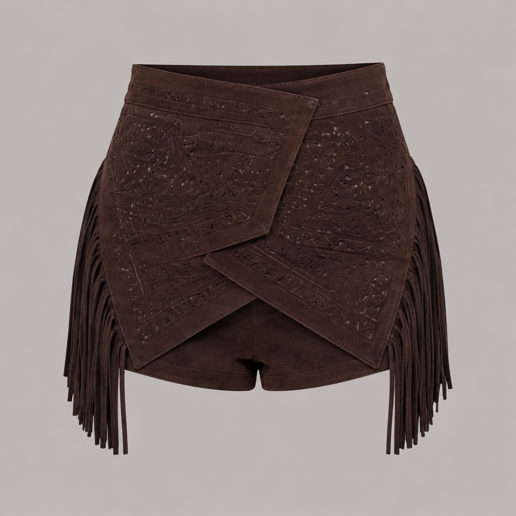 Laser-Cut Suede Fringe Skort